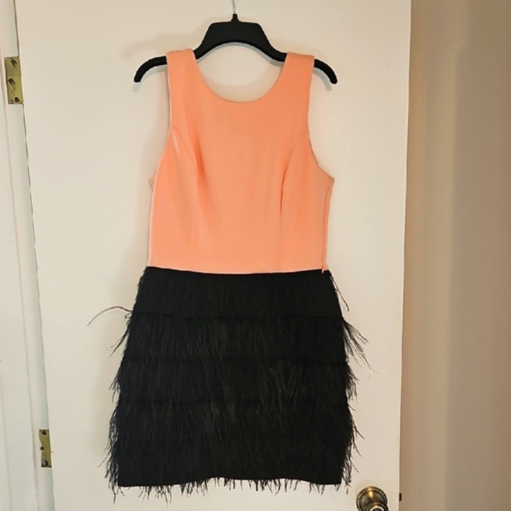 MAIA Peach and Black Dress With Feathers Size 8 - Picture 4 of 16